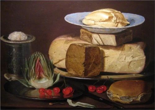 Clara Peeters, Still Life with Cheeses, Artichoke, and Cherries, 1625