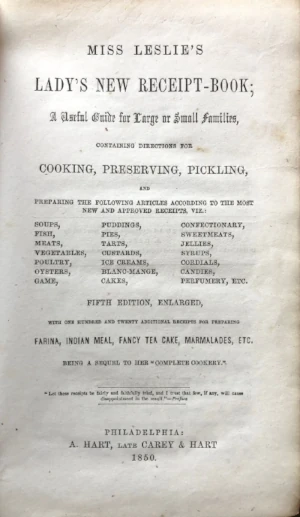 The cover of the 1850 book, Lady's Receipt Book