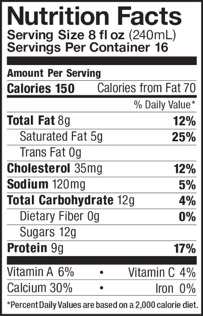 A whole milk nutrition label