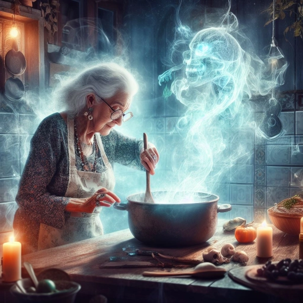 Granny channeling spirits from a cooking pot
