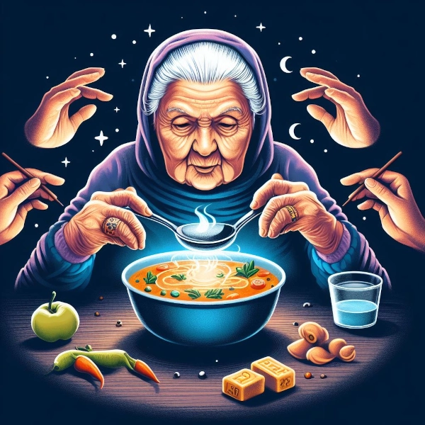 Granny divining the future in a bowl of soup
