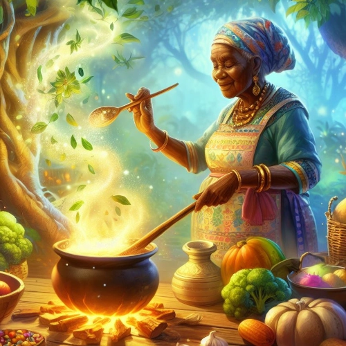 Granny cooking with magical ingredients