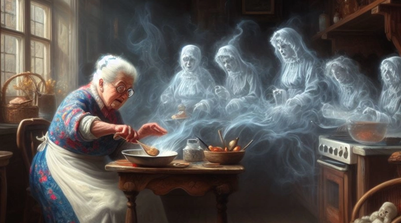 Granny summons spirits from a bowl of soup