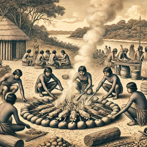 A depiction of an ancient indigenous barbecue