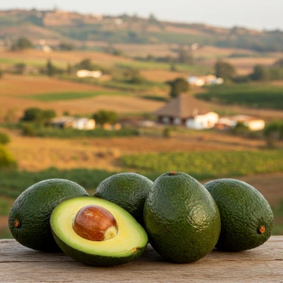 Several whole, ripe avocados on a rustic surface.