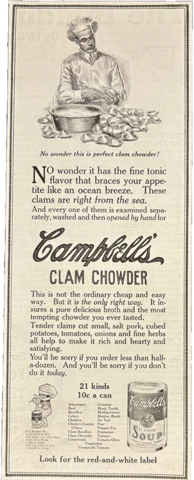 1913 Campbell's Clam Chowder newspaper ad