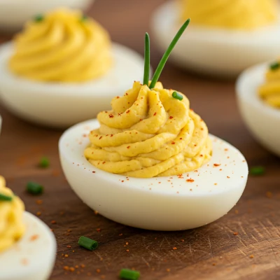 Close-up of a single deviled egg with a sprinkle of paprika.
