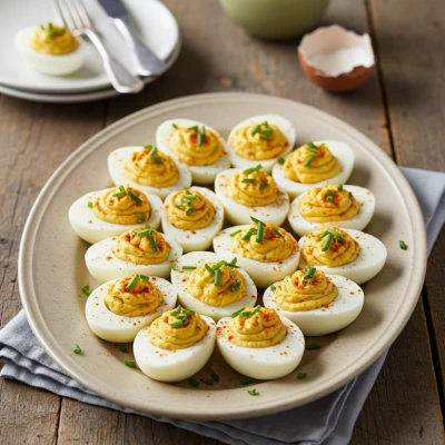 A plate of Granny's classic deviled eggs, garnished with paprika.