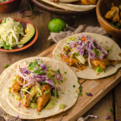 A plate of Fish Tacos with Chipotle Slaw and Avocado Sauce.