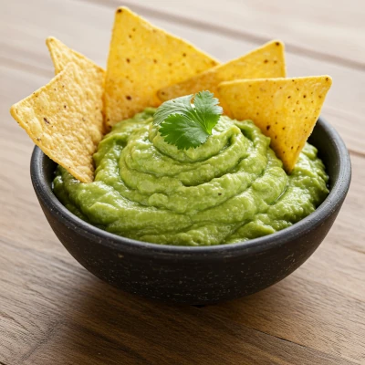 A vibrant bowl of Granny's fresh guacamole with tortilla chips.
